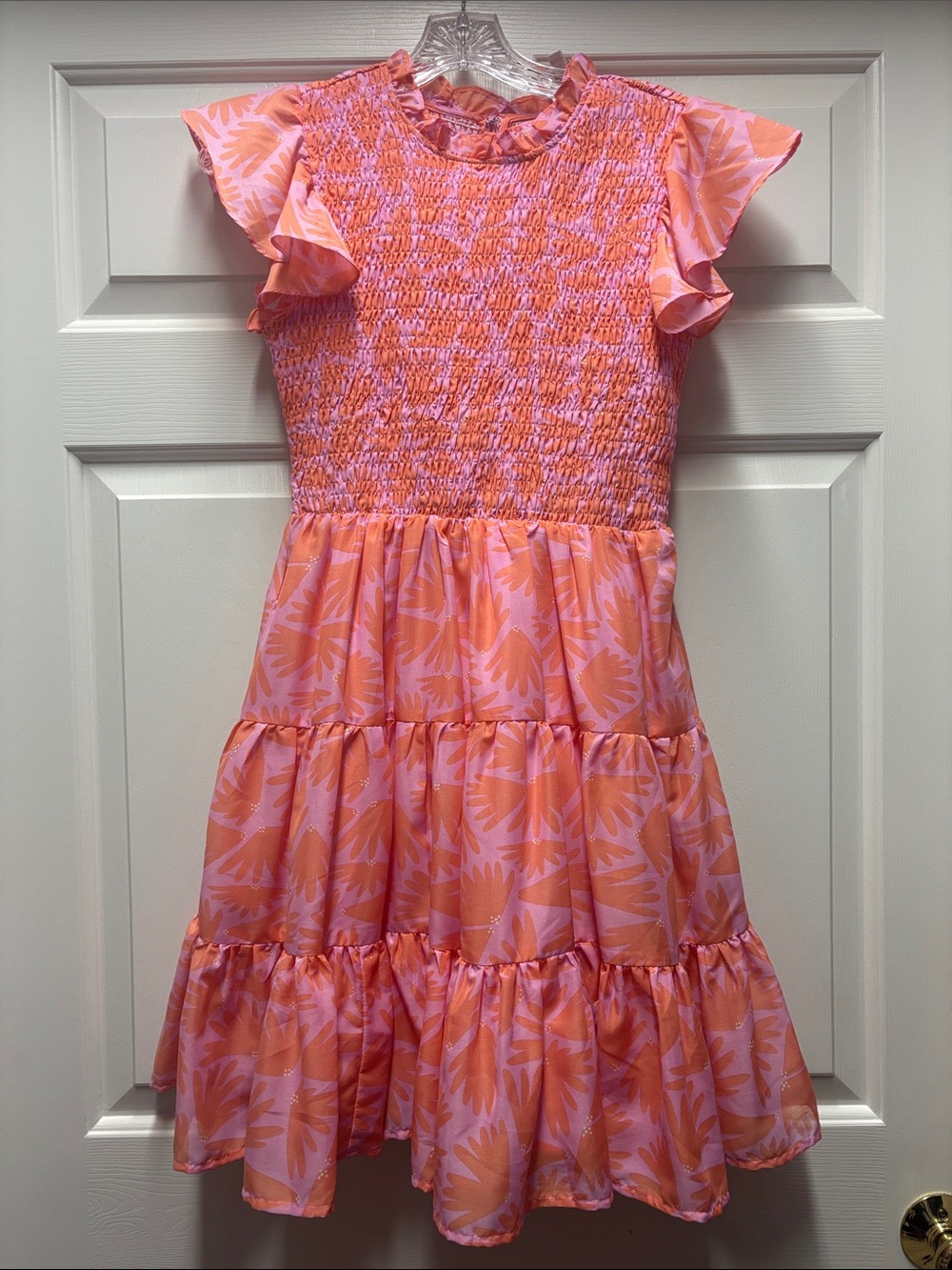 J. Marie Andie Pink Orange Smocked Flutter-Sleeve Mini Dress XS